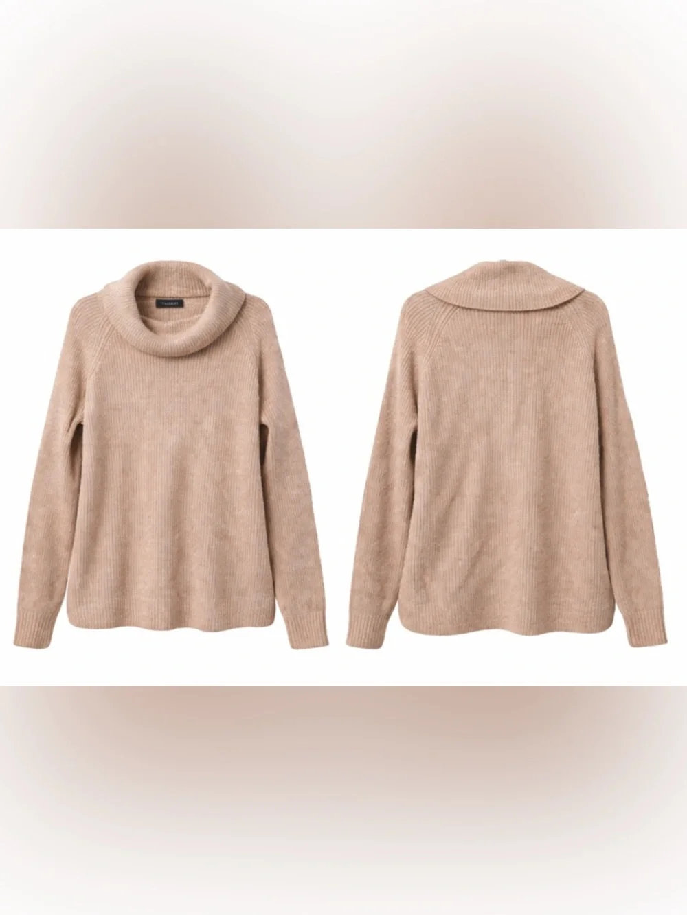 TAHARI Merino Wool Blend Cowl Neck Sweater Sz L Beige Tan Ribbed Cozy Luxe Knit - Picture 2 of 15